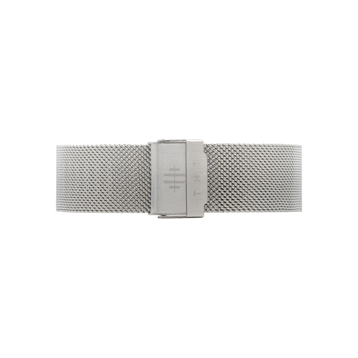Silver THT mesh band with secure lock and logo.
