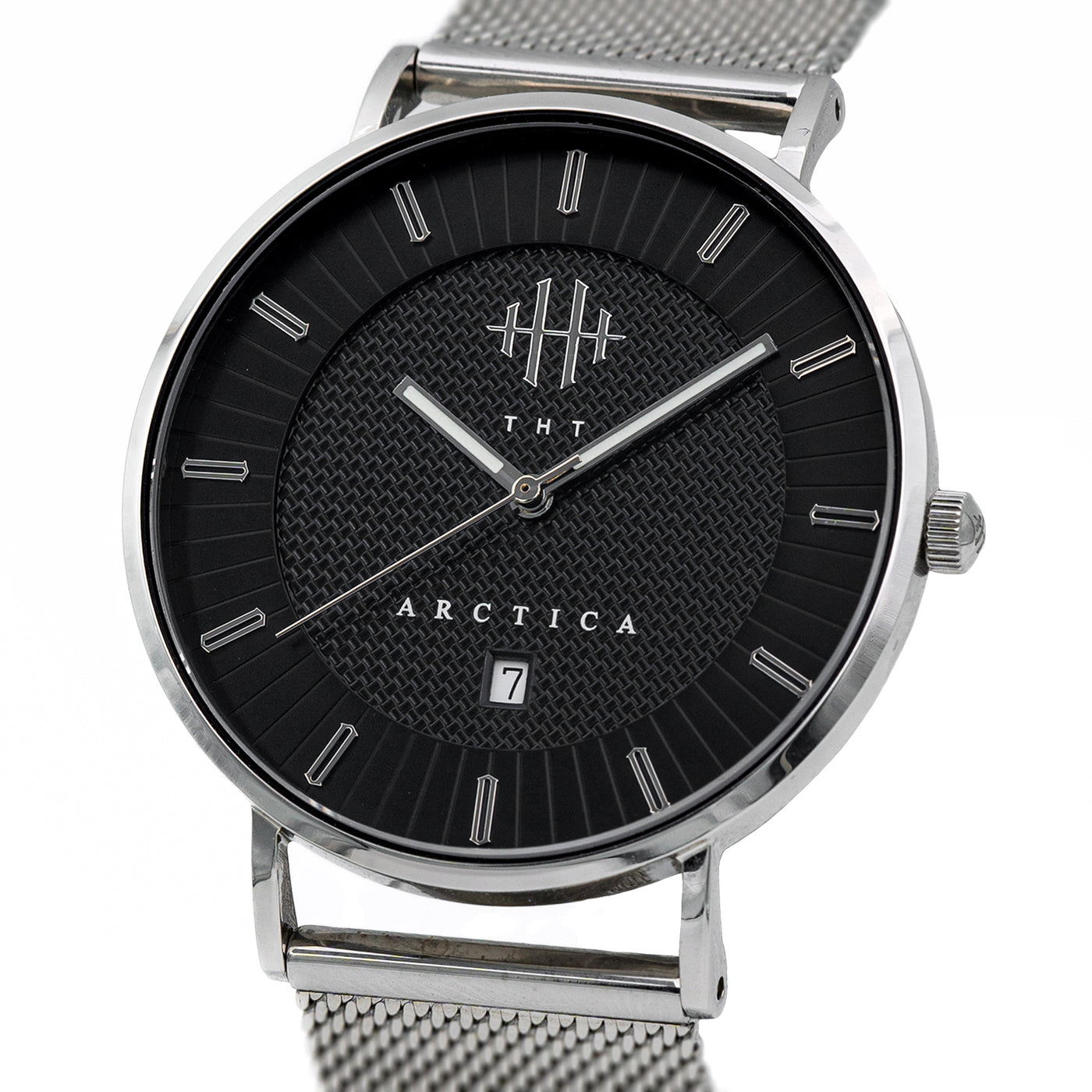 THT Watches Arctica Black Pearl. Close-up of black dial with silver case.