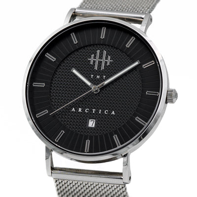 THT Watches Arctica Black Pearl. Close-up of black dial with silver case.