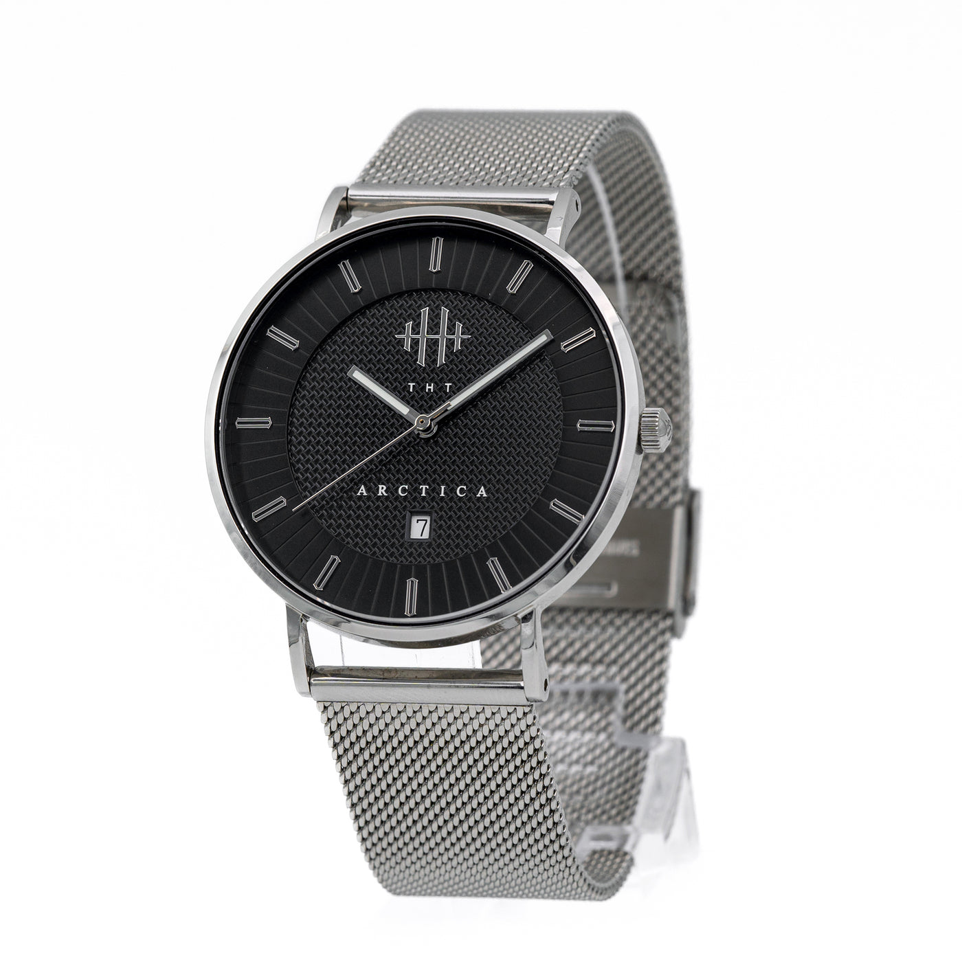 THT Watches Arctica Black Pearl. Black and silver watch with stainless steel mesh band.