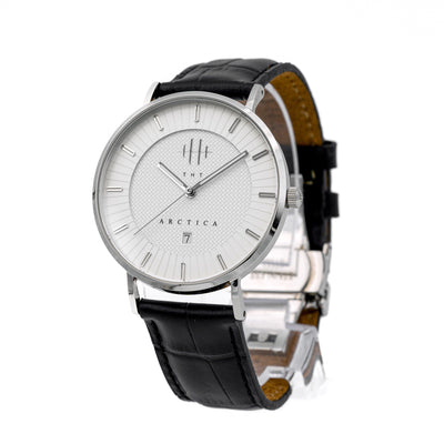 THT Watches Arctica Big Baller. Black and white watch for men with silver hands and leather strap.