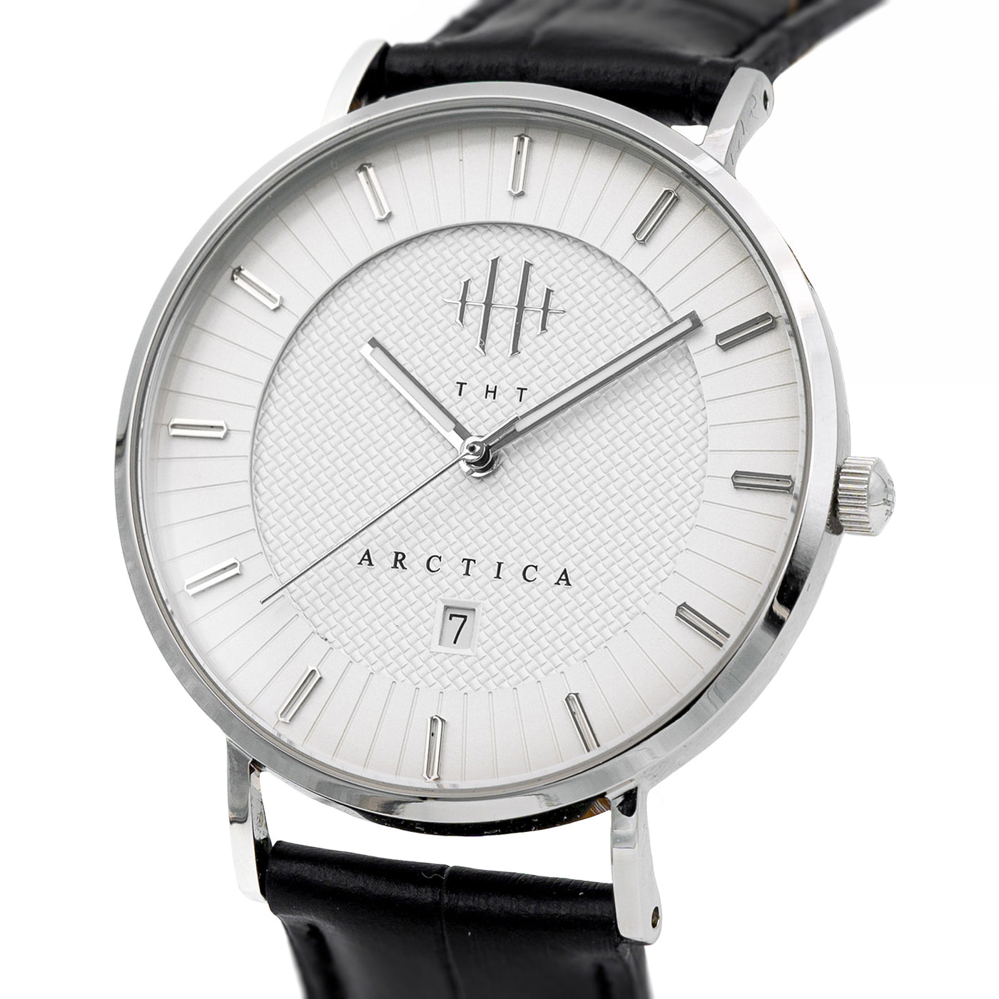 THT Watches Arctica Big Baller. Close-up of white dial with silver case.