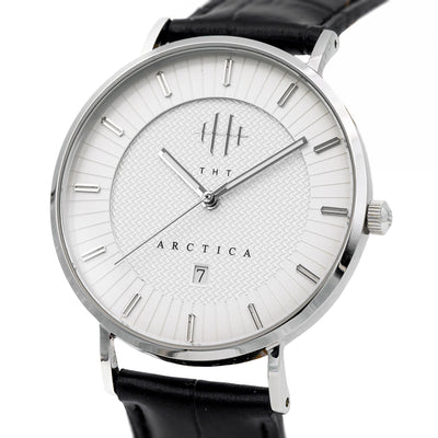 THT Watches Arctica Big Baller. Close-up of white dial with silver case.