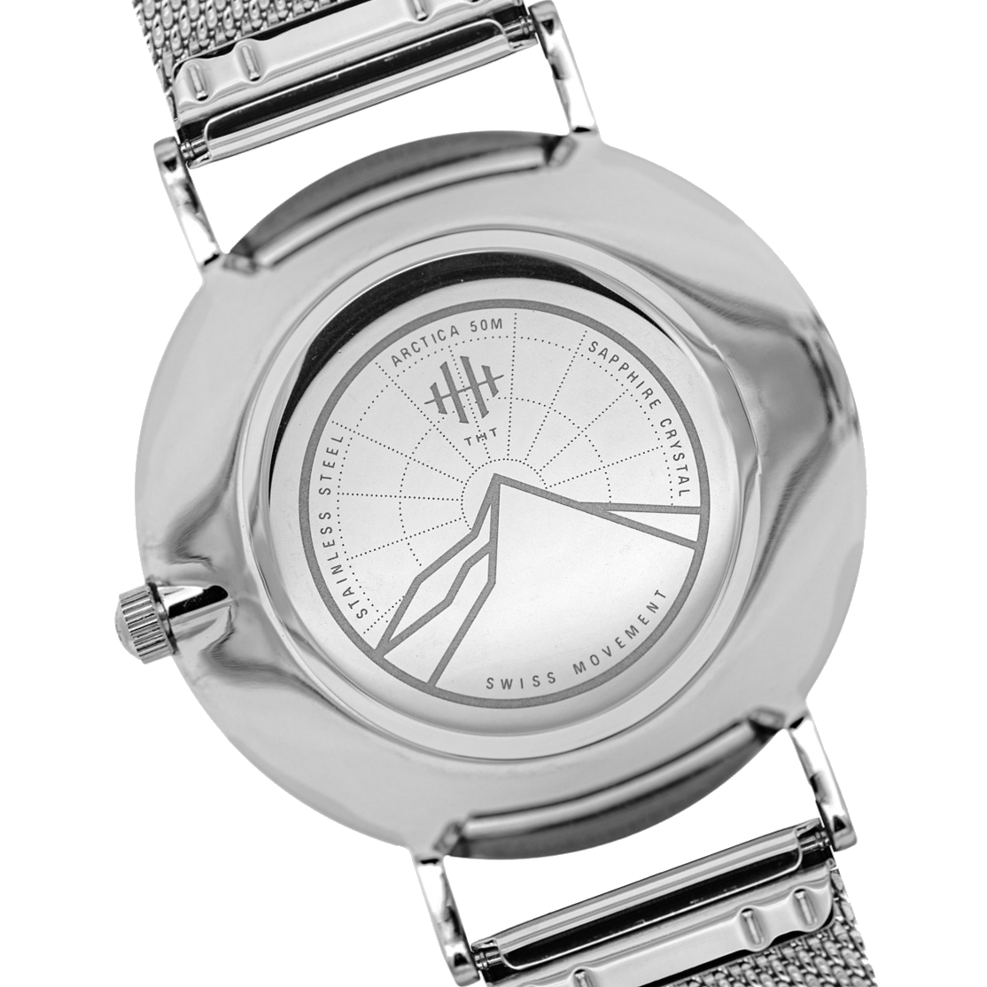 Back engraving of silver THT Arctica watch.